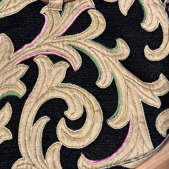 ZARA Crossbody Handbag Boho Wooden Handles Embroidered Fabric Black Tan Purses - Picture 7 of 14